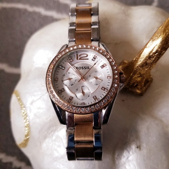 Ladies Fossil Riley Two Tone Crystal Accented Multi-function Watch - Picture 5 of 11